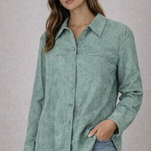 Sag Harbor Petite Emerald Green Embroidered Suede-Finish Blouse Size 16P